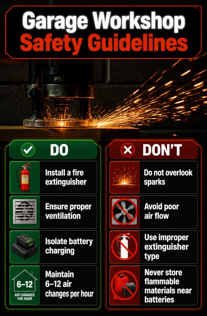 9 Garage Workshop Ideas for Layout, Storage & Workflow (2026) 15 A fire extinguisher and ventilation setup in a garage.