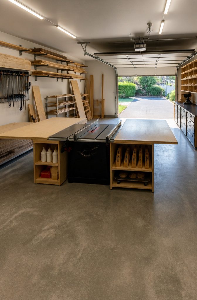 9 Garage Workshop Ideas for Layout, Storage & Workflow (2026) 3 A table saw positioned with clear space for infeed and outfeed.