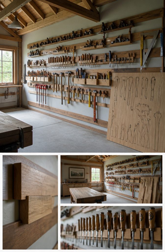 9 Garage Workshop Ideas for Layout, Storage & Workflow (2026) 5 A wall-mounted French cleat system with various tool holders.