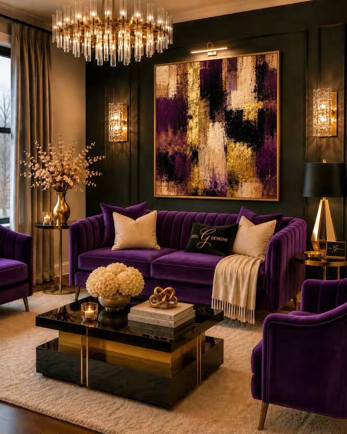 9 Gold Accent Living Room Ideas for Every Style 5 Purple velvet living room featuring a gold chandelier and black coffee table with gold legs