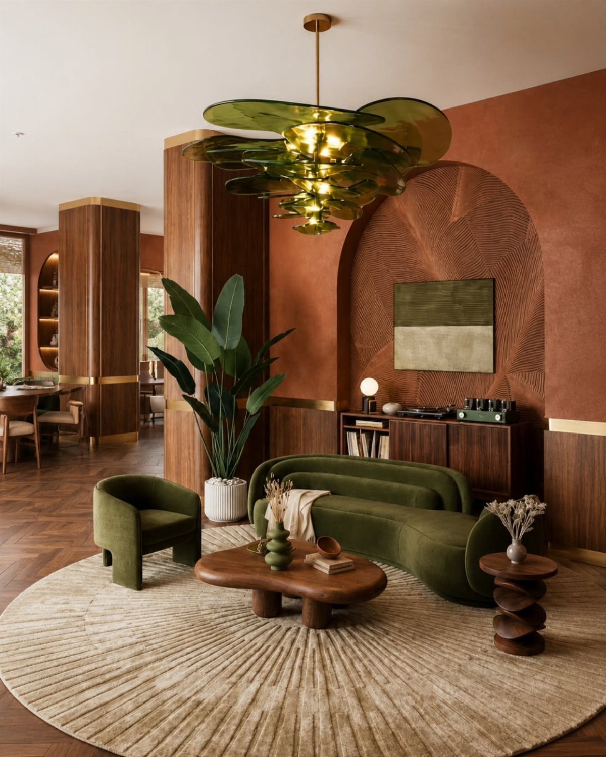 9 Gold Accent Living Room Ideas for Every Style 2 Olive green velvet furniture and gold accents in a terracotta living room