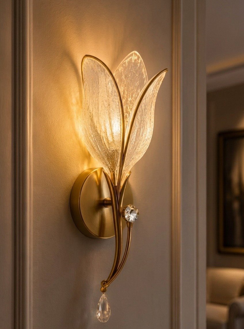9 Gold Accent Living Room Ideas for Every Style 4 Gold tulip-shaped wall sconce with glass petals and a crystal drop on a wall.