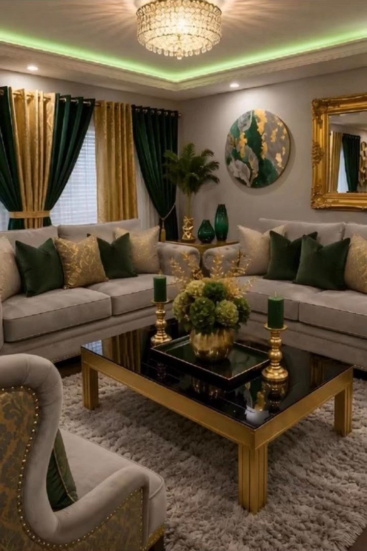 9 Gold Accent Living Room Ideas for Every Style 10 Luxurious living room with gold accents, green curtains, and a gold coffee table.