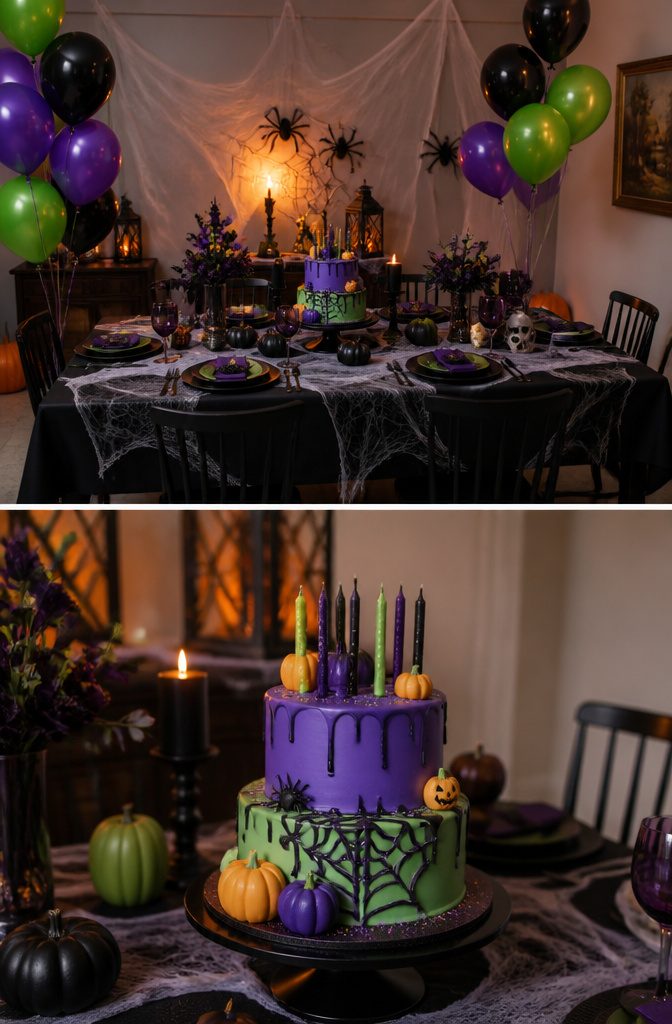 A decorated space with Halloween and birthday elements blended together.