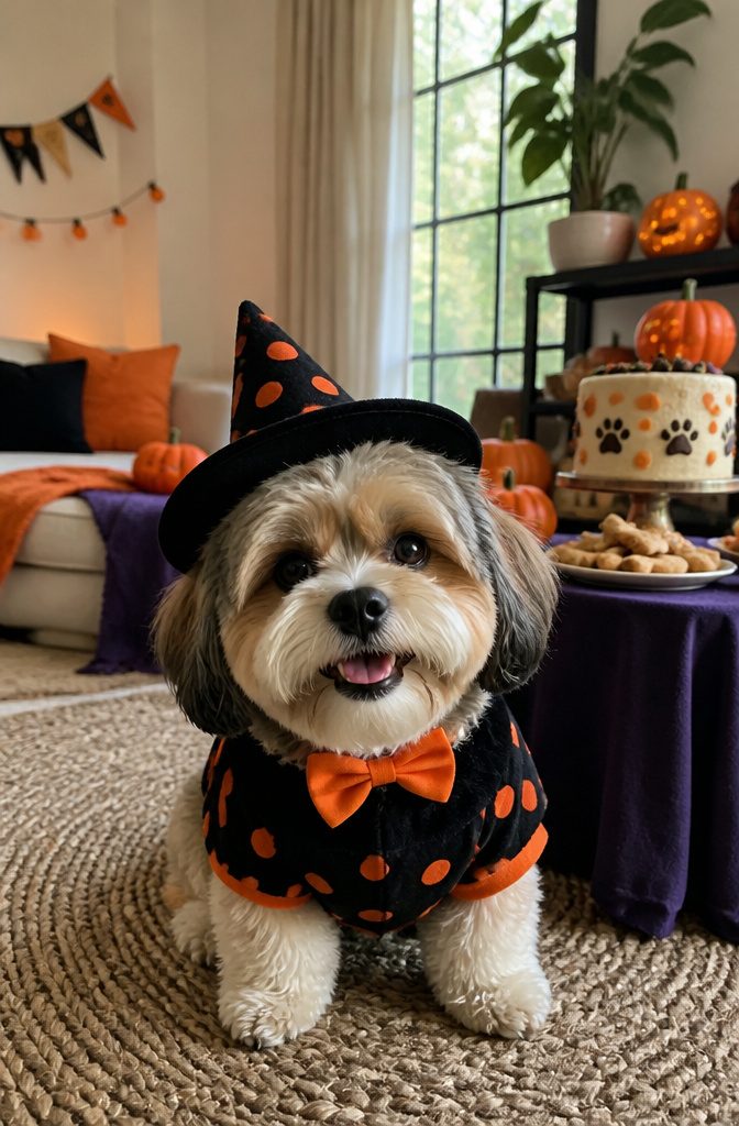 A dog costume party with matching outfits and Halloween decorations.