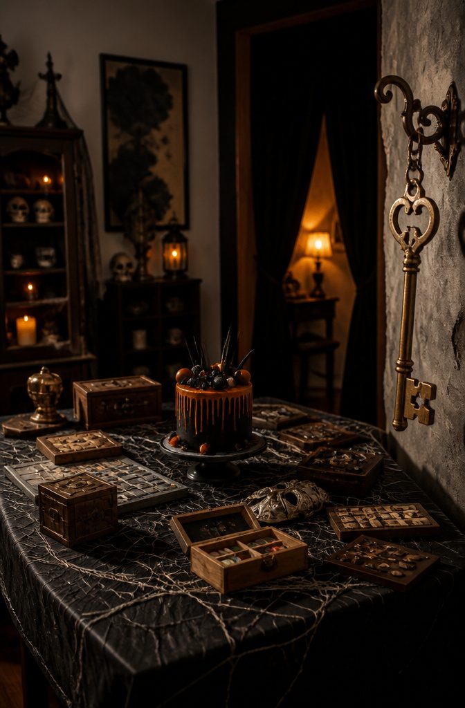 A decorated room with puzzles and Halloween-themed decorations for an escape room.