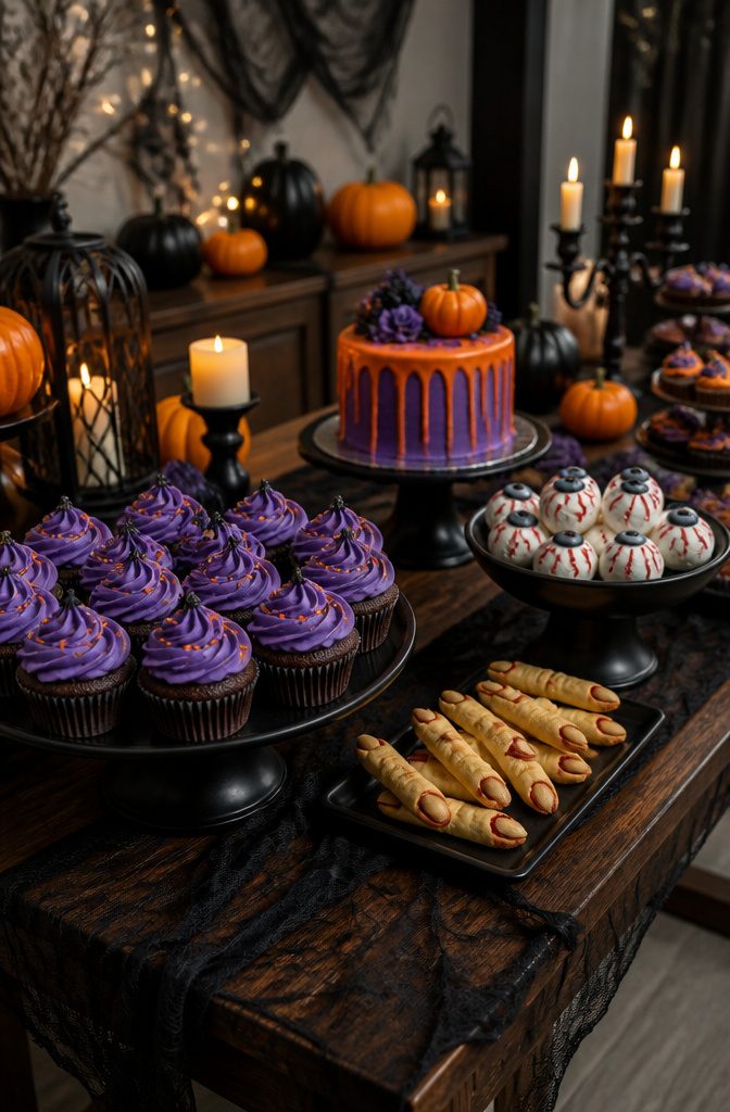 A dessert table with Halloween-themed cupcakes and a birthday cake.