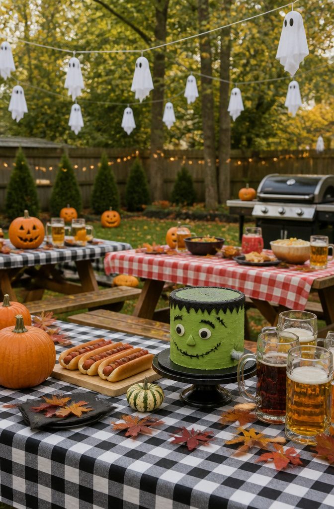 A backyard barbecue setup with pumpkins, hot dogs, and Halloween decorations.