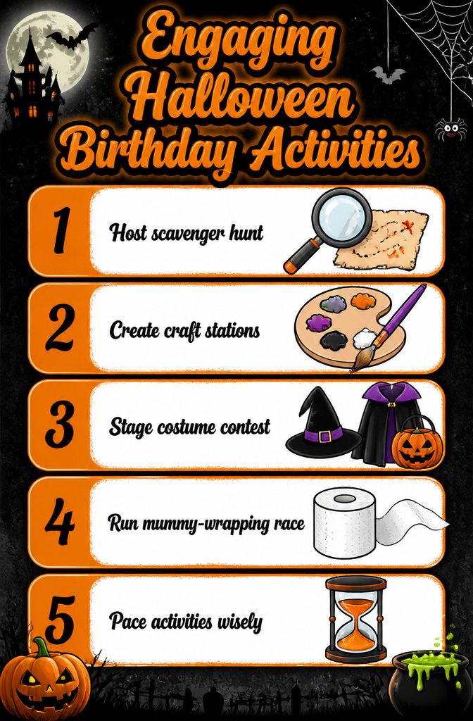 A table set up for Halloween party games and activities for guests.