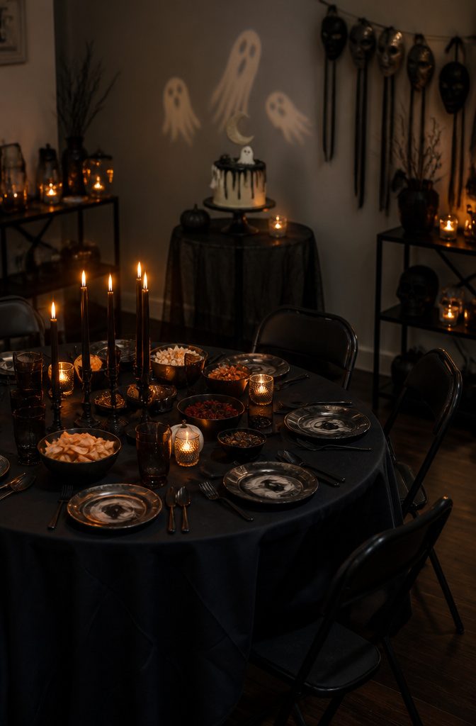A round table with candles and Halloween-themed decorations for storytelling.