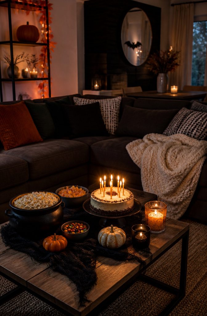 A living room with Halloween decor and a table of snacks for a cozy gathering.
