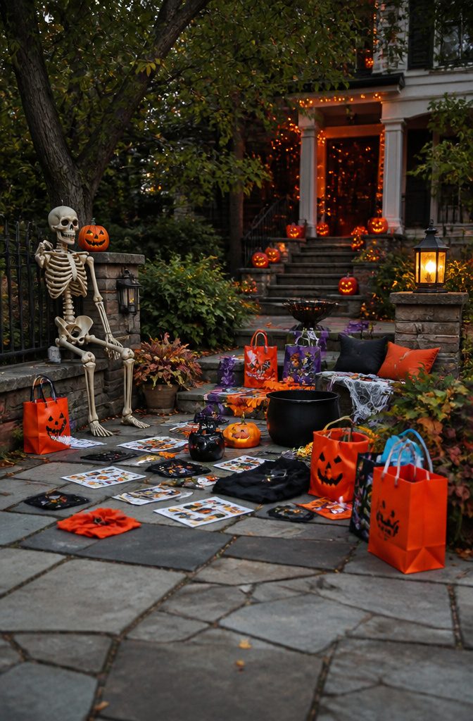 Children's costumes and Halloween decorations set up for a scavenger hunt.