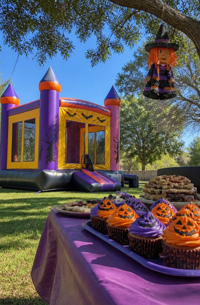 A bounce house decorated for Halloween, filled with children in costumes.