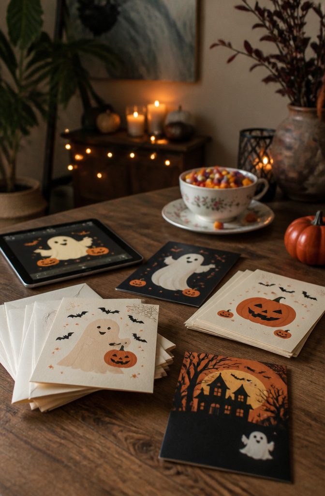 A collection of Halloween invitations displayed on a wooden table.