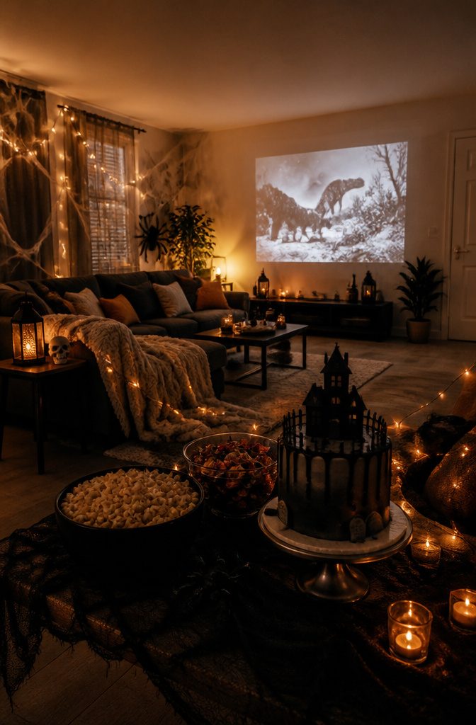 A dimly lit room set up for a monster movie night with Halloween decorations.