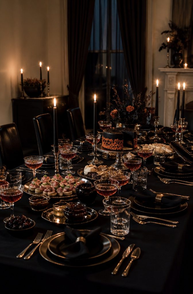 A beautifully arranged table with dark decorations and a themed birthday cake.