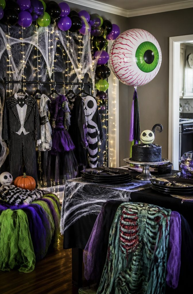 A table displaying various themed costumes and Halloween decorations.