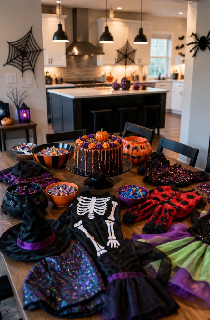 A kitchen scene with candy bags and children's costumes after trick-or-treating.