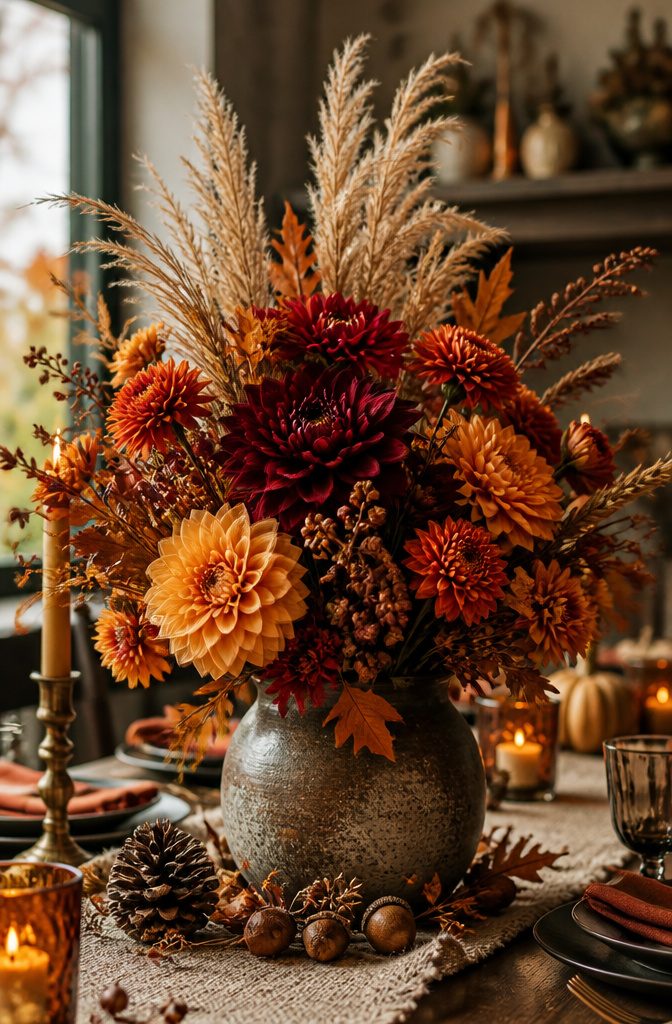 Floral arrangement with autumn colors on a table.