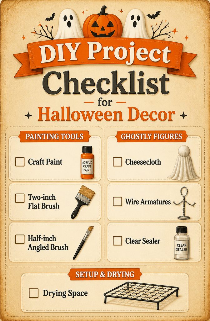 Checklist for DIY Halloween decorations with painted pumpkins.