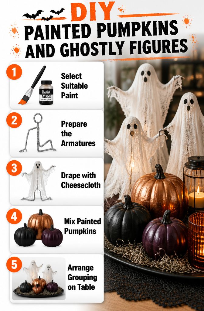 Painted pumpkins and ghost figures displayed for Halloween.