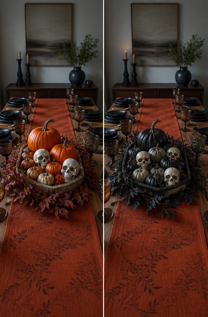 Centerpiece with pumpkins and skulls on a table.
