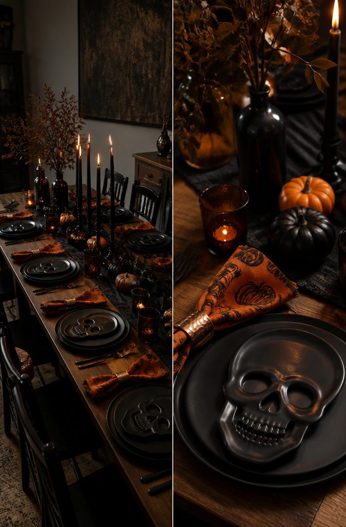 Skull-shaped dinner plates and black salad plates on a table.