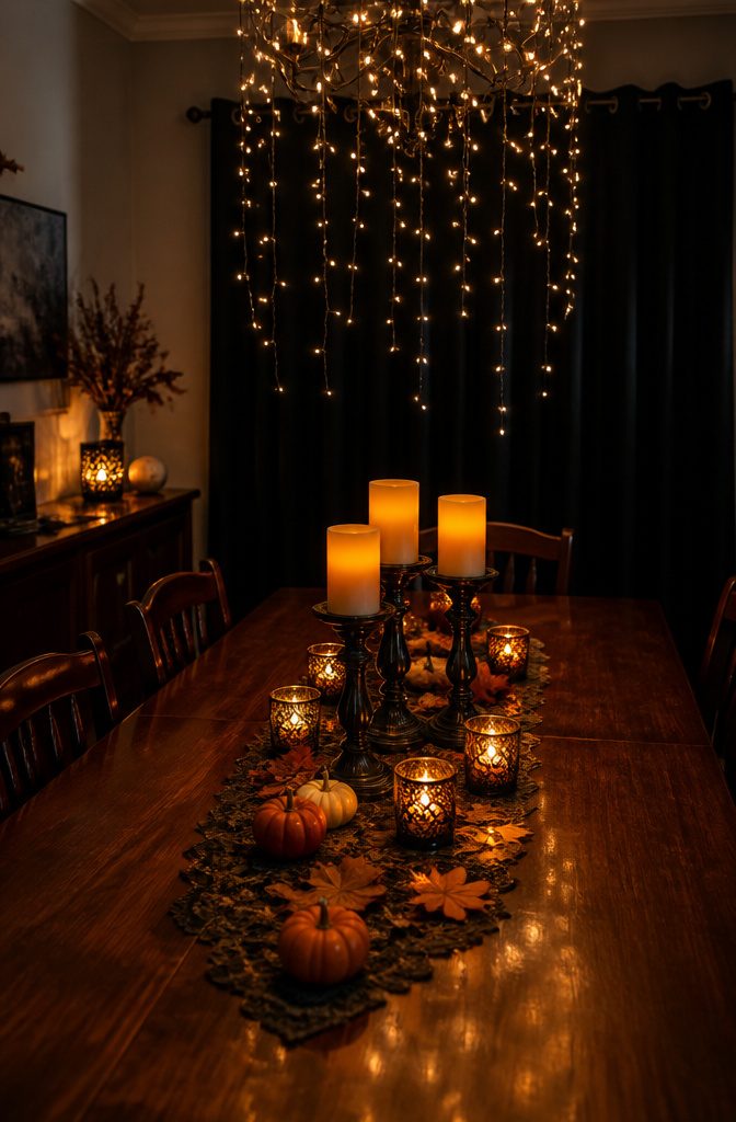 String lights and battery-powered candles on a dining table.