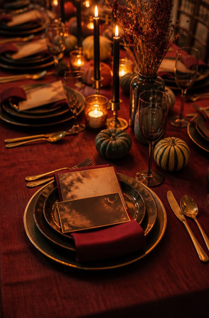 Themed place cards and menus on a deep crimson table.