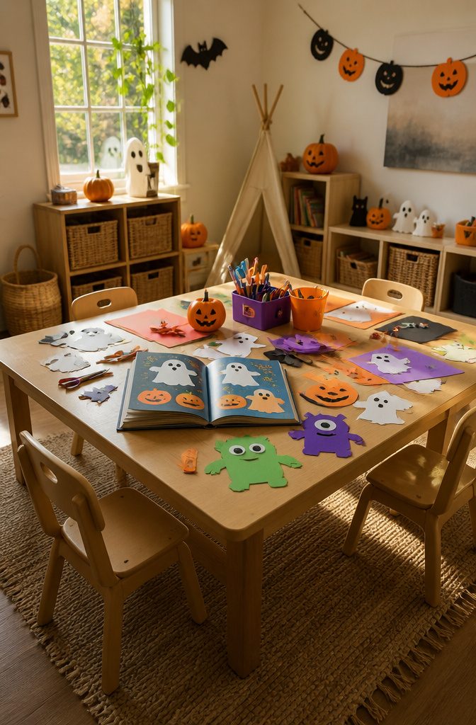 A children's book alongside a Halloween craft project on a table.