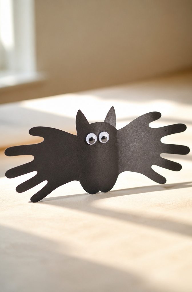 Handprint bat crafts made from black construction paper on a table.