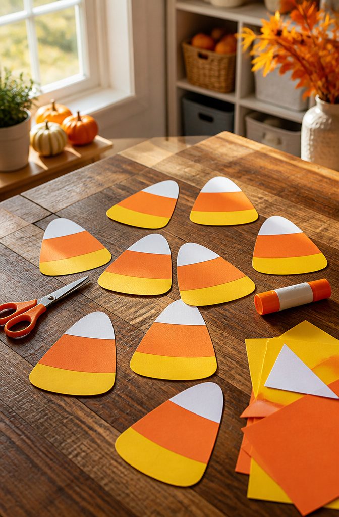 Candy corn crafts created from cardstock, glue, and colored paper on a wooden table.