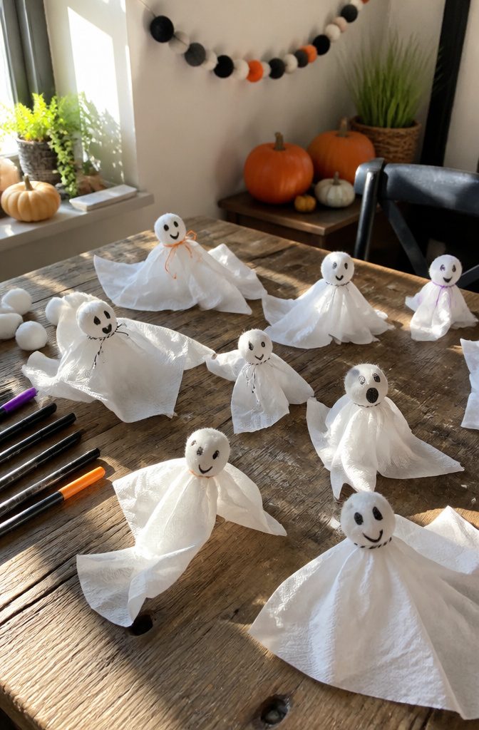 Ghost crafts made from tissues and cotton balls displayed on a rustic tabletop.