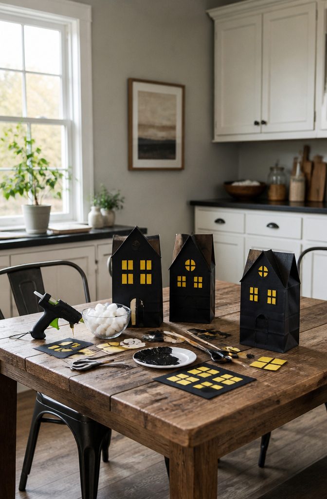 Painted paper bag haunted houses with cardstock window cutouts on a table.