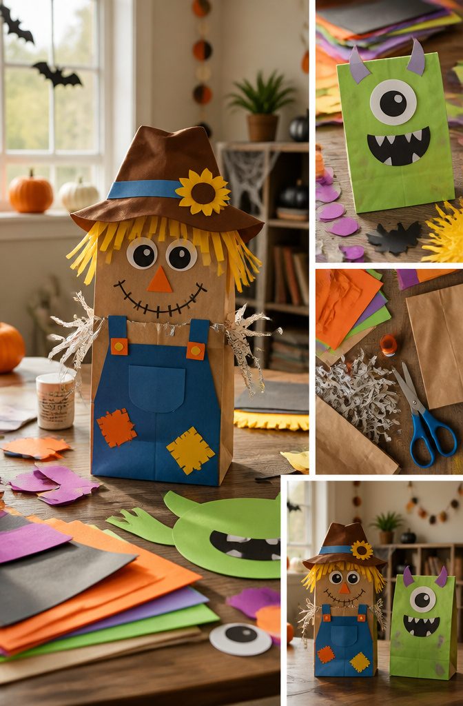 Scarecrow and monster crafts made from paper bags and construction paper on a table.