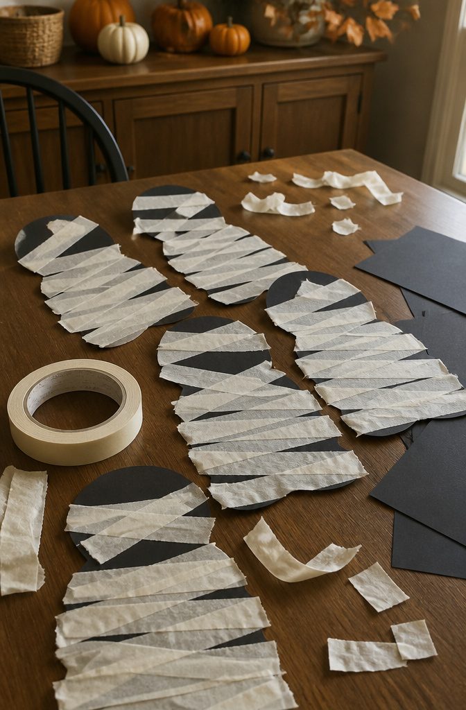 Mummy craft figures made with black paper and masking tape on a wooden surface.