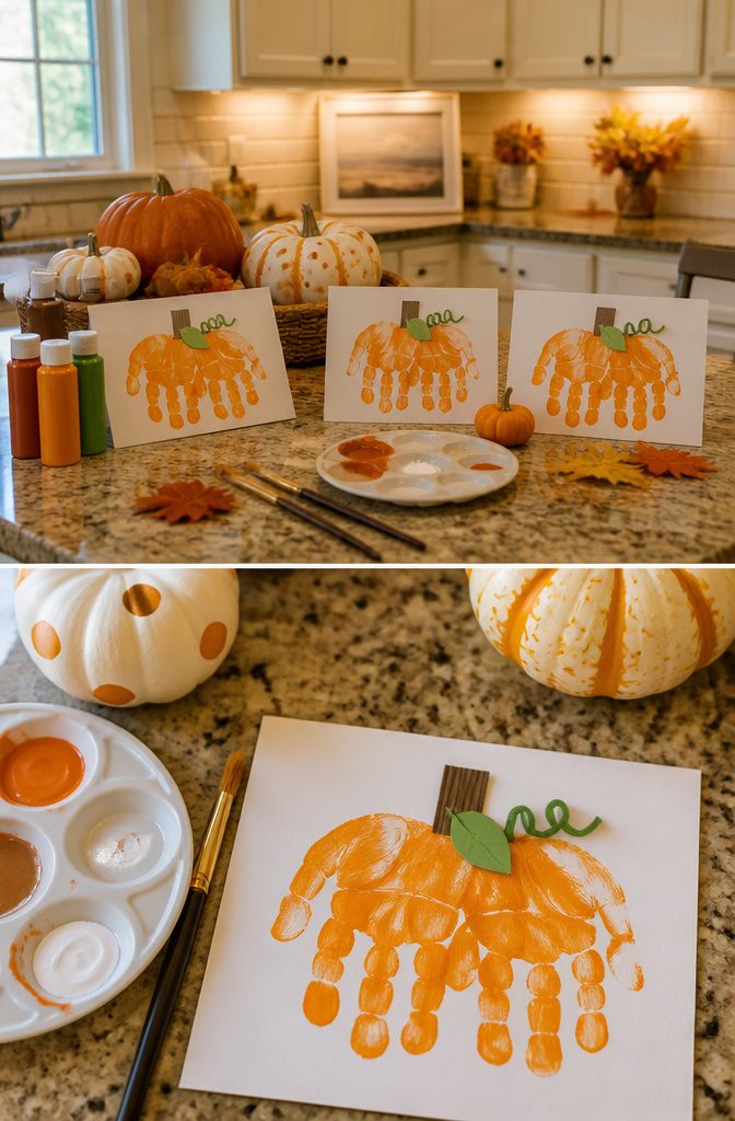 Handprint pumpkin crafts in progress on orange cardstock.
