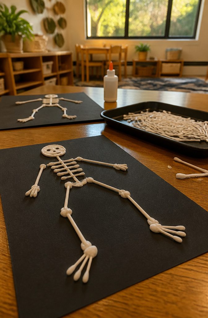 Skeleton crafts made from Q-tips arranged on black construction paper.