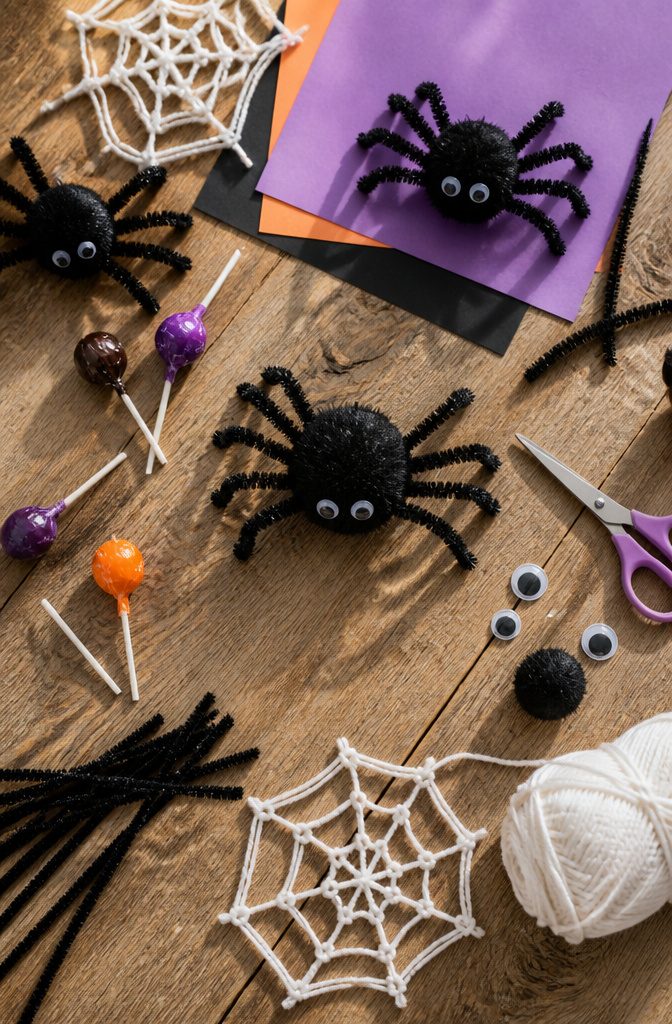 Craft spiders made from pom poms and Tootsie Pops on a table.