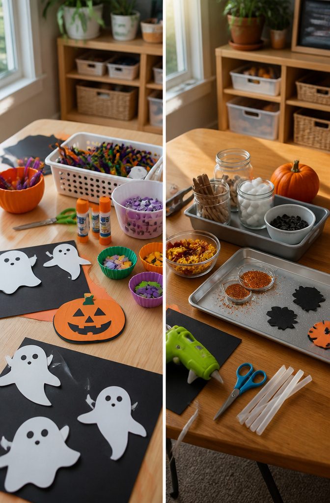 A variety of Halloween crafts displayed on a table, some needing adult help.