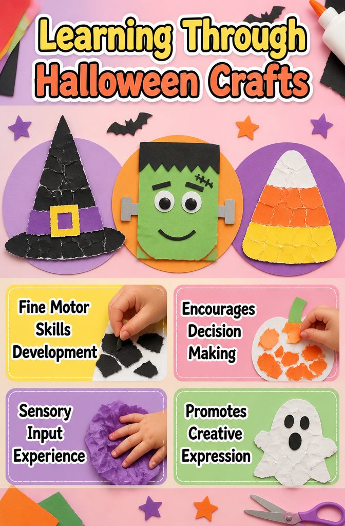 A collection of Halloween crafts highlighting fine motor activities and learning.