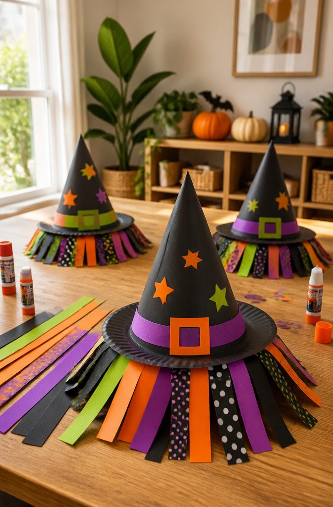 Witch hats made from construction paper and paper plates on a table.