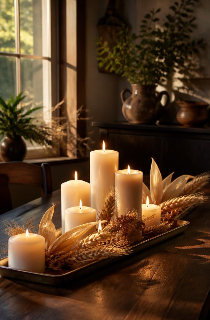 Harvest Decor Ideas for Home, Porch and Table 11 Candles of varying heights arranged on a vintage metal tray.