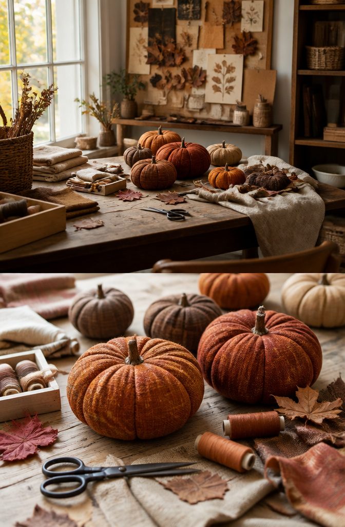 Harvest Decor Ideas for Home, Porch and Table 8 Handmade fabric pumpkins and pressed leaves displayed together.