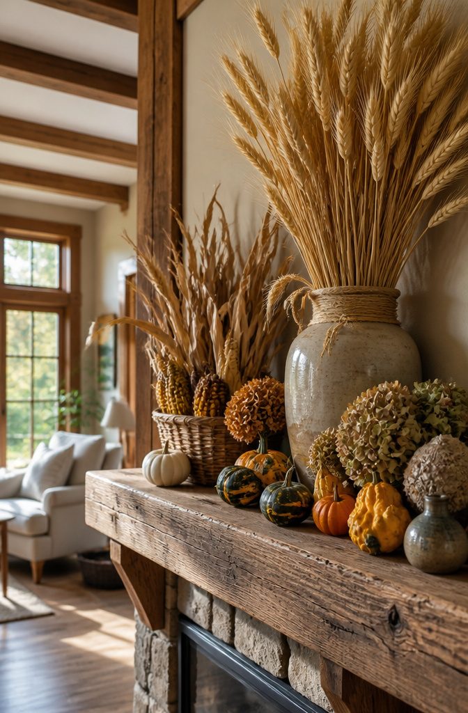 Harvest Decor Ideas for Home, Porch and Table 3 Wheat bundles and corn stalks arranged on a wooden mantel.