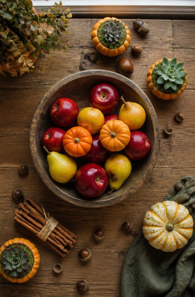 Harvest Decor Ideas for Home, Porch and Table 2 A bowl filled with apples, pears, and mini pumpkins on a table.