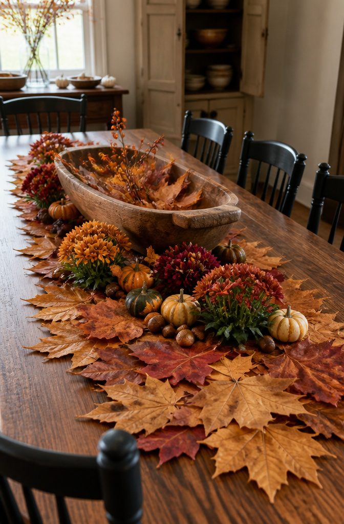 Harvest Decor Ideas for Home, Porch and Table 4 A dining table featuring pressed maple leaves and bronze mums.