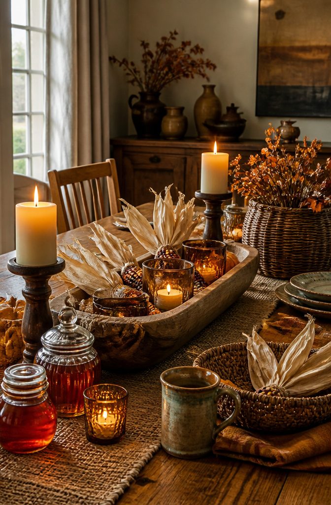 Harvest Decor Ideas for Home, Porch and Table 9 A dining table showcasing a mix of textures in a harvest display.