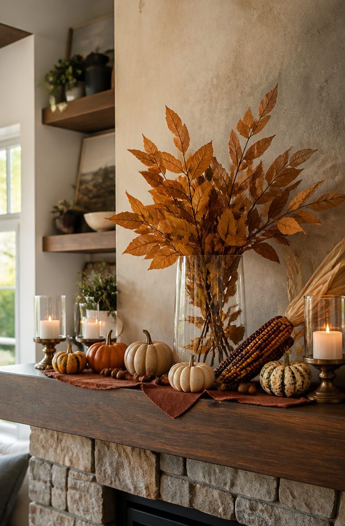 Harvest Decor Ideas for Home, Porch and Table 7 A mantel decorated with preserved leaves and small pumpkins.