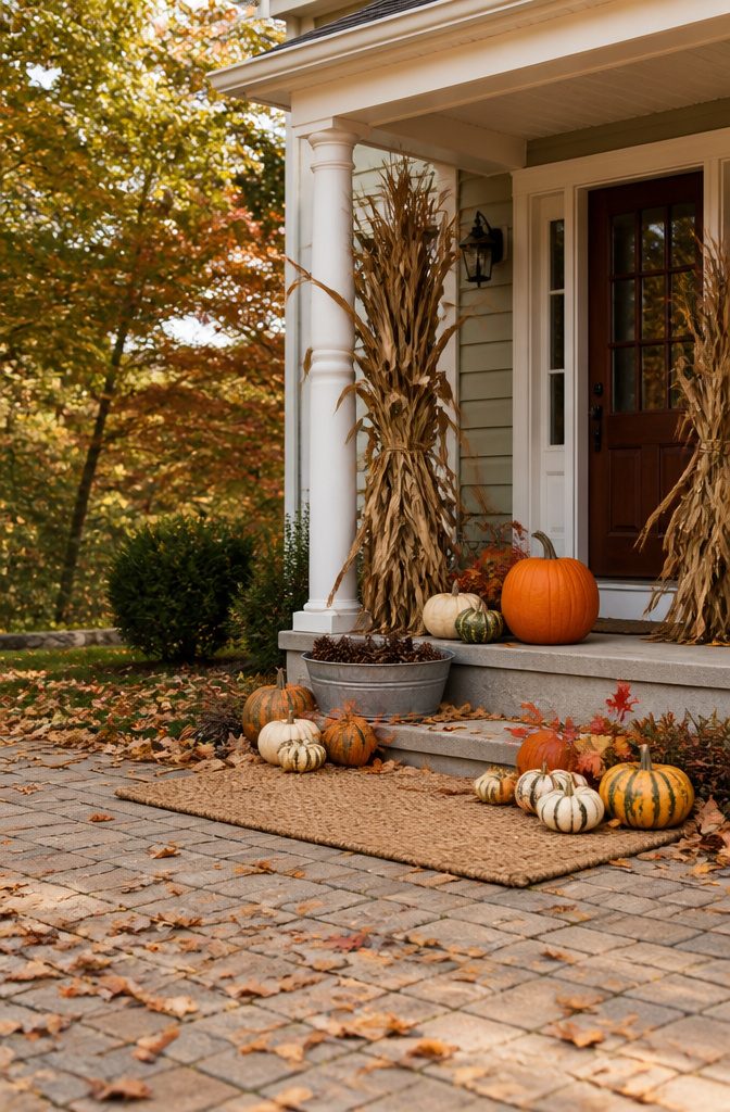 Harvest Decor Ideas for Home, Porch and Table 6 Corn stalks and pumpkins arranged on a front porch.